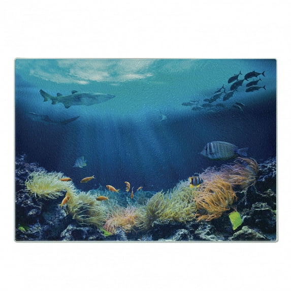 Underwater Cutting Board, Various Fish in the Ocean Tranquil Marine Life Nautical Theme, Decorative Tempered Glass Cutting and Serving Board, in 3 Sizes, by Ambesonne