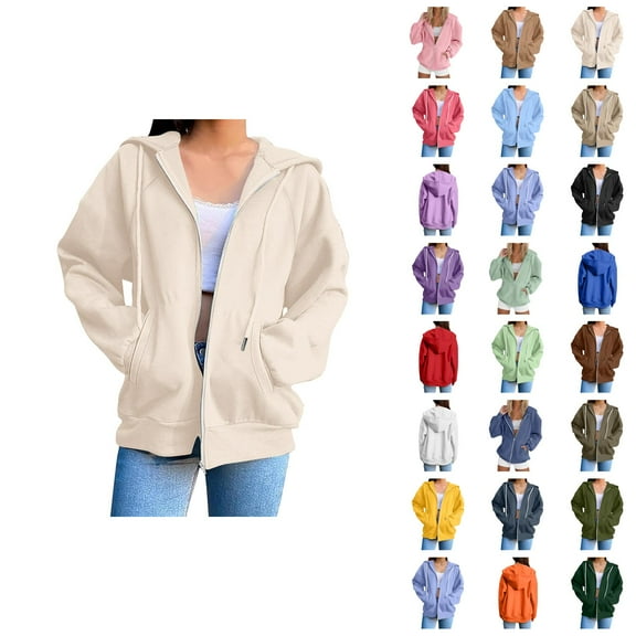 Womens Hoodie 2025 Long Sleeve Loose Basic Zip Up Hoodies with Pockets Hooded Sweatshirt Hoodie Women Jacket