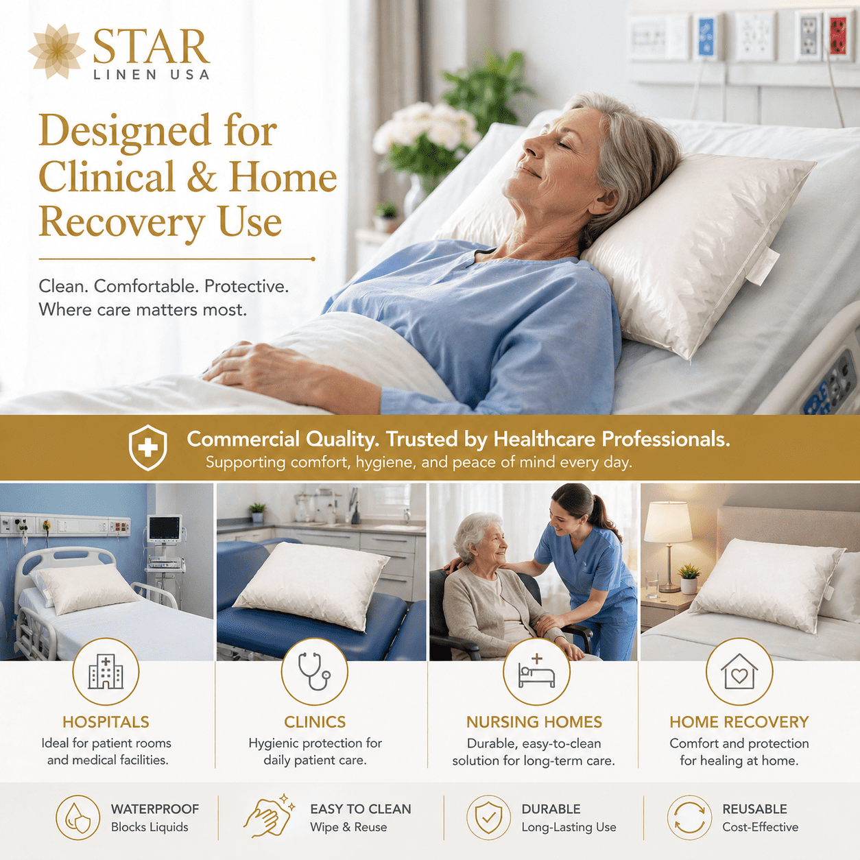 Star Linen Vinyl Covered Medical Bed Pillows, 19 in x 25 in, White, 2 Count