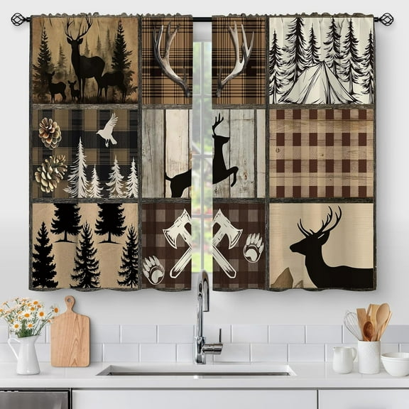 Deer Forest Kitchen Curtains - Vintage Small Short Cafe Tier Curtains Farmhouse Rustic Decor for Living Dining Room Rod Pocket Window Drapes 36 Inch Length 2 Panels Set 28"x36"