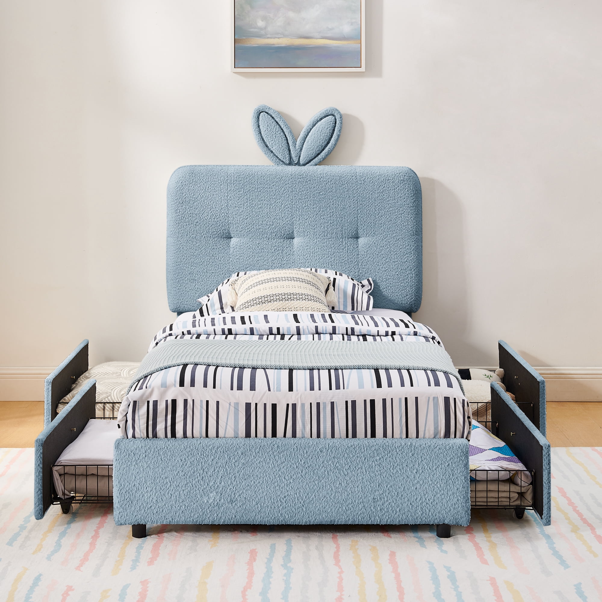 Mintazer Twin Upholstered Kids Bed with Oversized Rabbit Ear Headboard, Boucle Fabric Platform Bed with LED Headboard & 4 Storage Drawers, Blue
