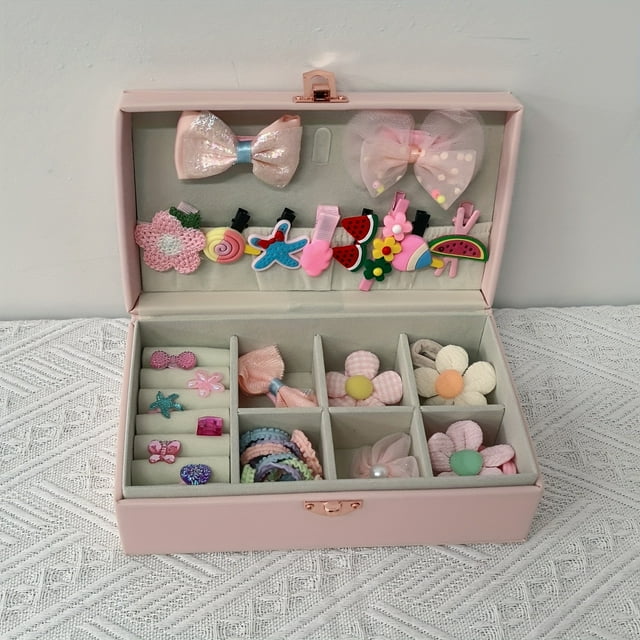 QJUHUNG Girls‘ Hair Accessories Gift Box Set - Cute Princess Style Hair Clips Ties And Headbands - 33 Pieces - Assorted Designs - Suitable for Ages 3-14 - Plastic And Net Material