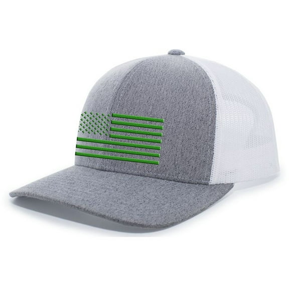 Mens St. Patrick's Day Hat Lucky Clover American Flag Saint Patrick's Green Shamrock 4 Leaf Irish Embroidered Trucker Hat, Heather Grey/White