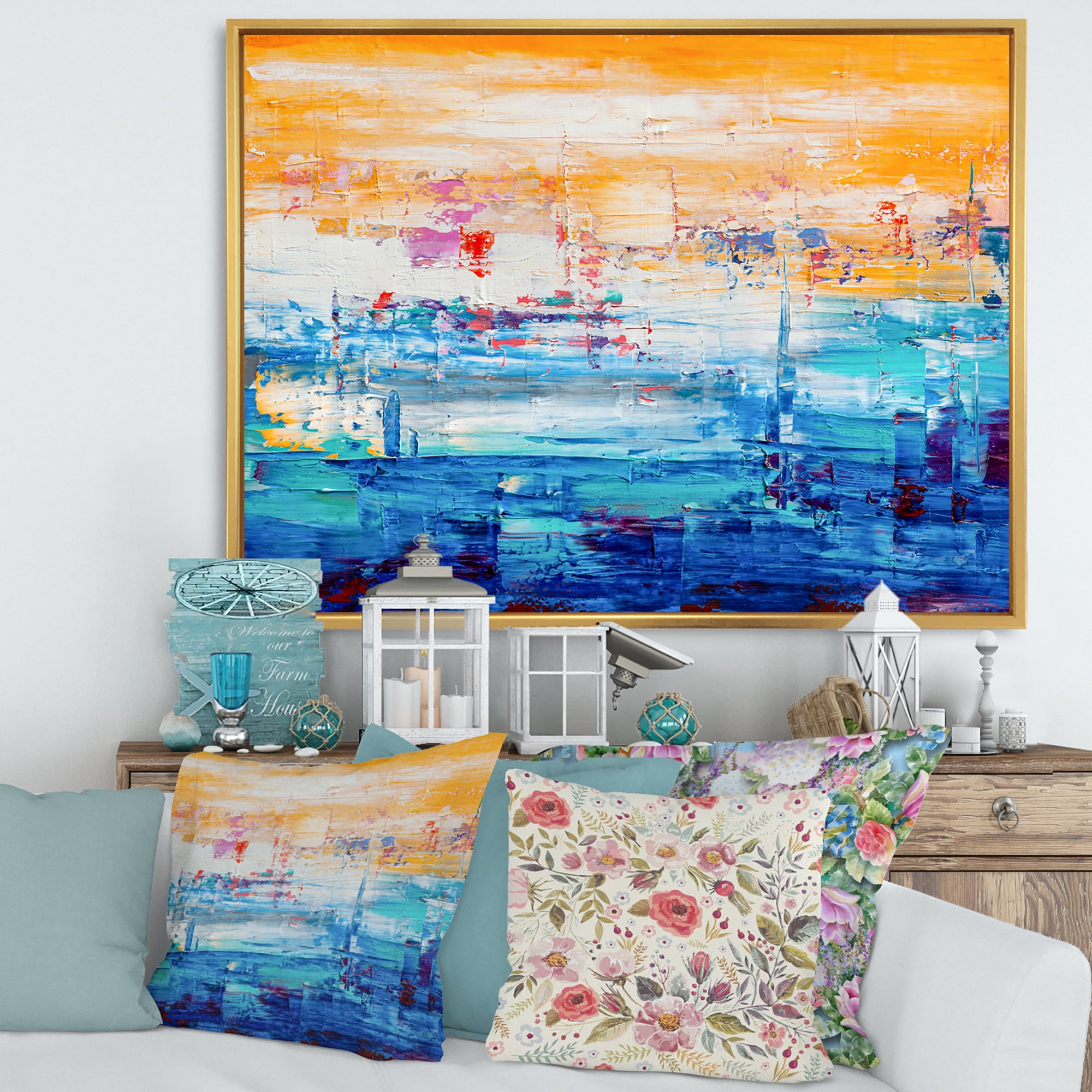 Designart 'Blue Meet Orange Abstract' Modern Framed Canvas Wall Art Print