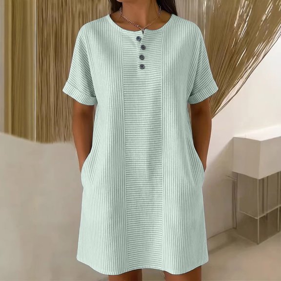 QUNYINEY Striped Womens Summer Casual Dresses Short Sleeve Midi T-Shirt Dress Loose Fit Crew Neck Button with Pockets Dresses