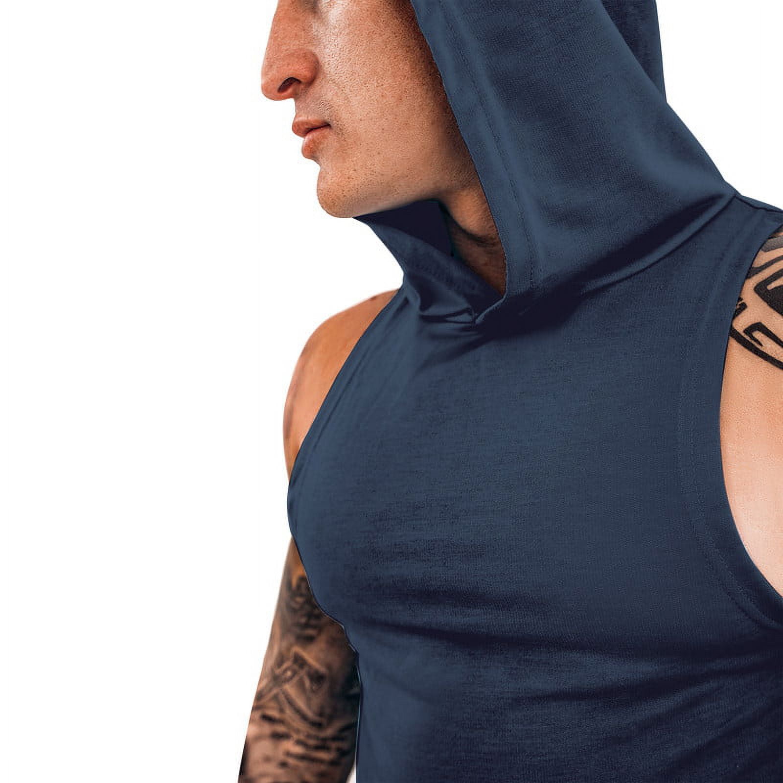 DEHORU Men's Workout Hooded Tank Tops Gym Sleeveless Hoodies Dry fit  Bodybuilding with Pocket(AG S) 