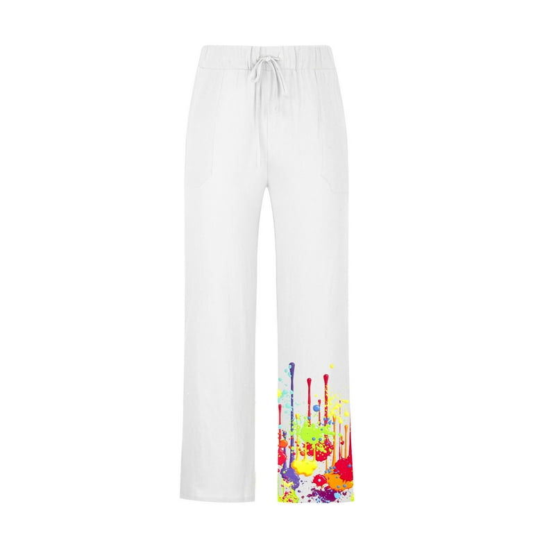 SMihono Men's Cotton Linen Wide Leg Pants Printed Lace Up Leisure