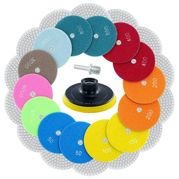 16pcs 4inch Diamond Wet Polishing Pads with Backer Pad,50-6000 Grit Pads,Wet/Dry -Polish Kit for Drill Grinder