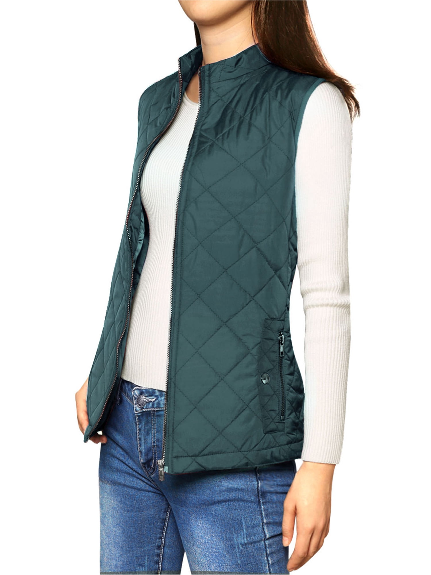 DARING DIVA Women's Zip Stand Collar Quilted Padded Vest M Forest Green