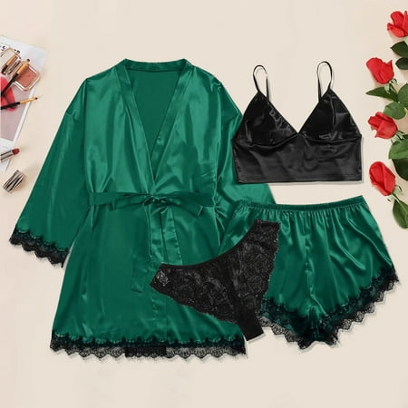 

SELONE Pajamas for Women Plus Size Lingerie Plus Size Lace Robe Satin 4 Piece Lingerie Bath Sleepwear Pajamas Nightgowns Pj Set Pajama Sets for Valentines Day Anniversary Wedding Honeymoon Green XL