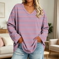 thumbnail image 2 of Htigea Womens Plus Size Striped Tops Fall Long Sleeve V Neck T Shirts Loose Fit Casual Oversized Tshirts Everyday Wear Pink L, 2 of 6