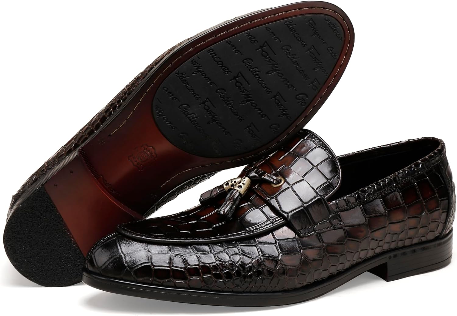 New Golden Coxes Men\'s Dark Brown Croc-Embossed Leather Loafers Sz 9.5 Journey Brown Croc Leather Lug Tassel Loafer main image 4