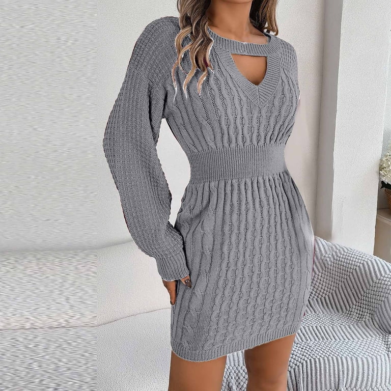 Women's Ribbed Knit Mini Dress - Short Sleeve Crewneck Bodycon Dress With Buttons (Grey)