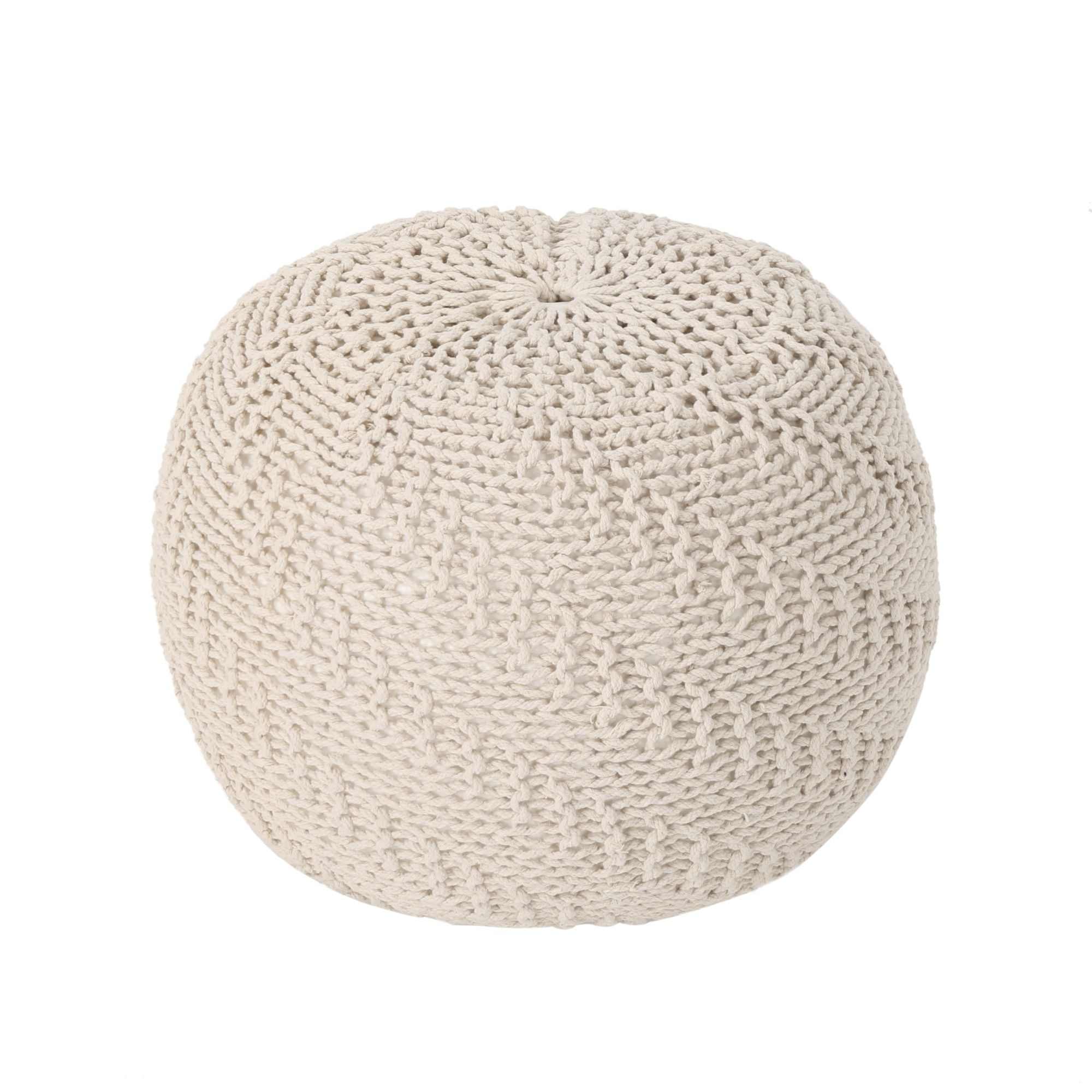 19.5" Ivory Contemporary Knitted Round Pouf Ottoman