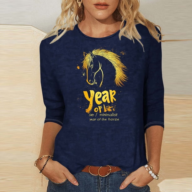 TaTaai Womens 2026 New Year Celebration Print Three Quarter Sleeve Top Round Neck Casual Blouse Holiday Festival Party Wear Gift