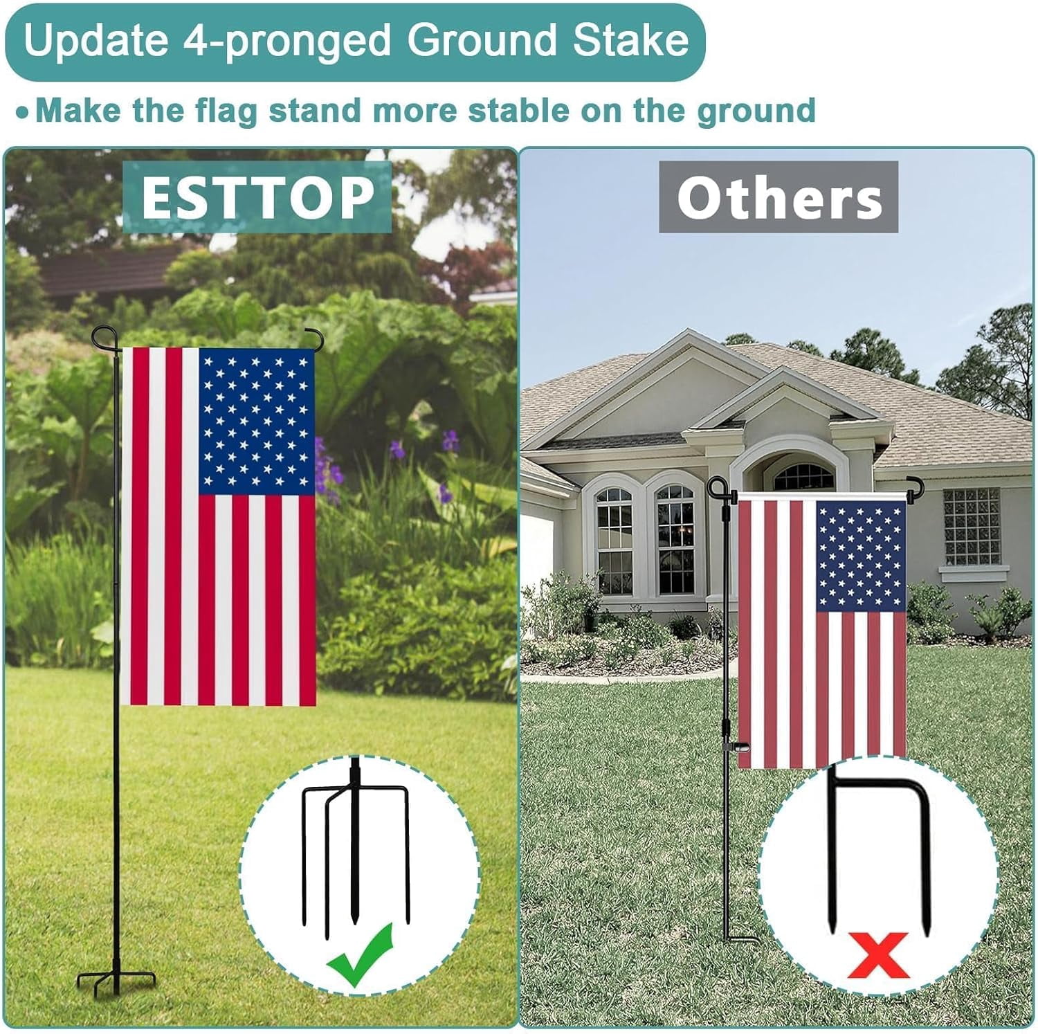 Heavy-Duty 4-Prong Garden Flag Pole Holder Stand – Weatherproof Outdoor Garden & Yard Flag Base for 12x18 Inch House Flags, Ground Flagpole Stand for All-Season Decoration(Flag Not Include)