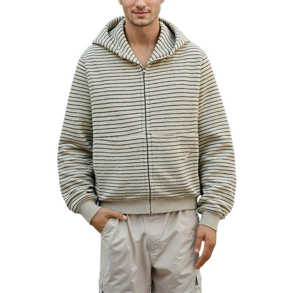 KHONTS Stripe Print Zip up Hoodies for Men Winter Casual Hooded Jacket Fashion Outwear Coat 2025 Trendy Clothes Khaki XL