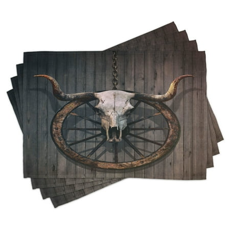 

Barn Wood Wagon Wheel Placemats Set of 4 Long Horned Bull Skull and Old West Wagon Wheel on Rustic Wall Washable Fabric Place Mats for Dining Room Kitchen Table Decor Black Brown White by Ambesonne