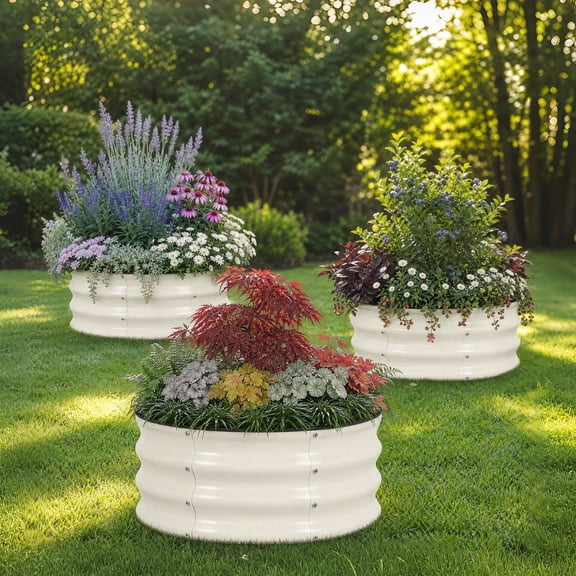 3 Pack 23.6in Round White Metal Raised Garden Bed – 0.4mm Thick Galvanized Planter Box, Open Bottom for Vegetables Flowers Herbs Outdoor