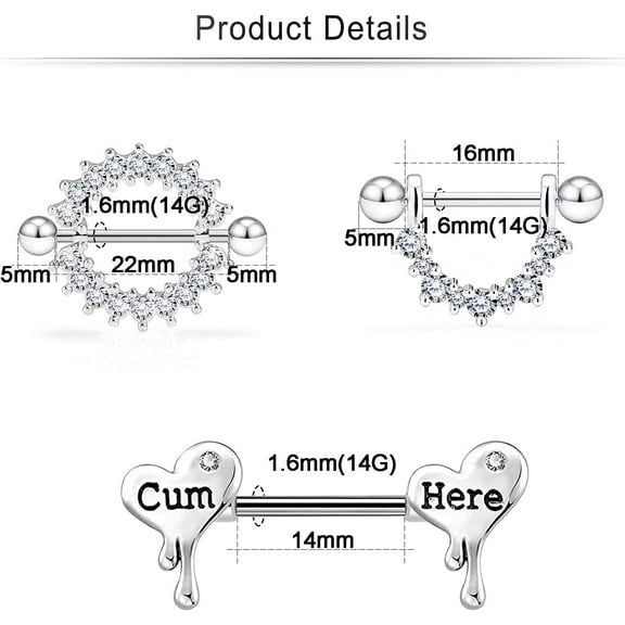 GHRTGR-14G Nipple Rings Chain Nipple Piercing Jewelry Stainless Steel Nipple Tongue Ring Barbell Piercing Jewelry for Women 14mm Silver Rose Gold 9Pairs