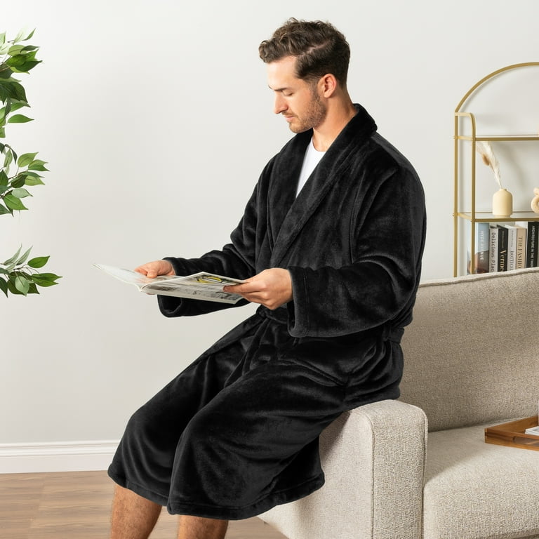 Pavilia Men's Lightweight Fleece Bathrobe, Black photo 7