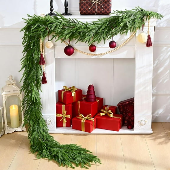 Guvpev 2Pcs Artificial Norfolk Pine Garlands, 9FT Real Touch Winter Pine Christmas Garland, Green Faux Greenery Garland for Table, Mantel, Wall, Indoor, Outdoor, Winter Holiday Christmas Decorations