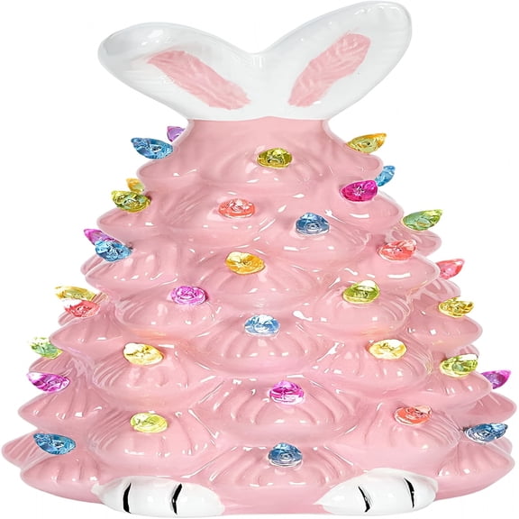 XIBUFE Cute Ceramic Easter Tree Bunny Decor,Light Up Easter Bunny Decor Spring Decorations for Indoor Bedroom Office Decor Tabletop for Kid Gifts