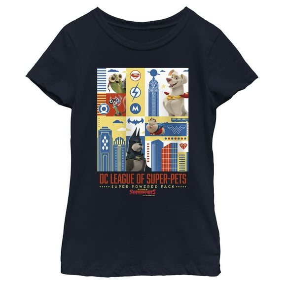 Girl's DC League of Super-Pets Super Powered Pack Panels  Graphic Tee Navy Blue Large