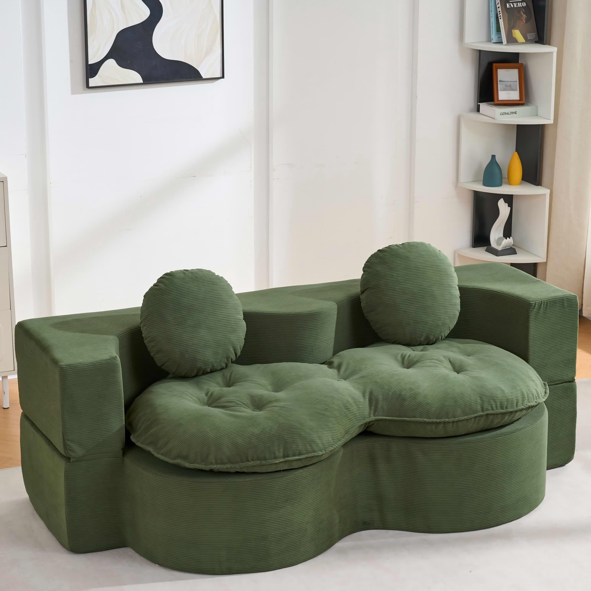 MAYEERTY 75" Convertible Corduroy Sleeper Sofa Bed, Green Foldable High Density Foam Loveseat with 2 Pillows for Living Room Bedroom Apartment