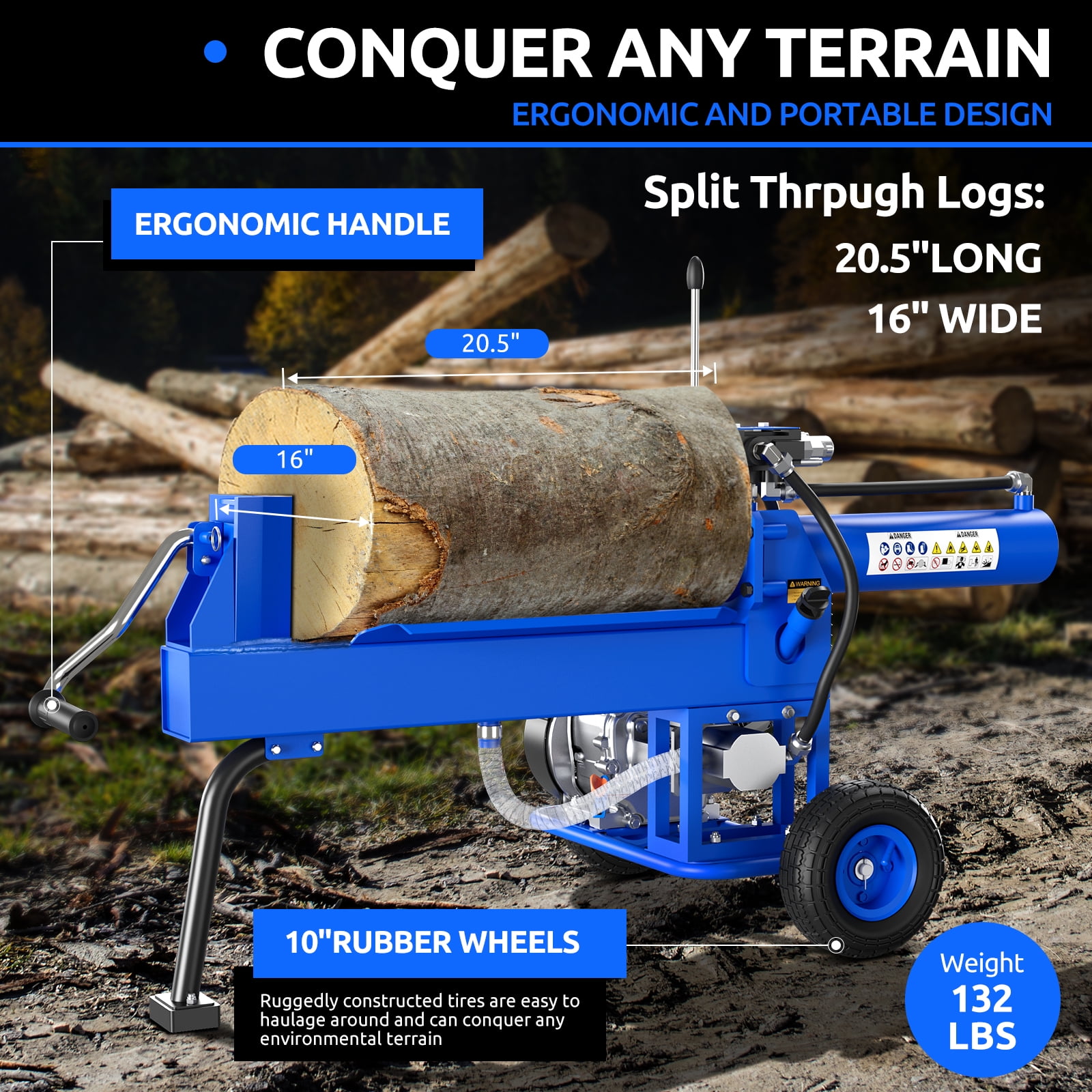 Efurden Gas Log Splitter with 7 HP-4 Stroke Engine, 20 Ton Hydraulic Auto Return Ram System and Twin Gear Hydraulic Pump, 16" Max Wood Diameter