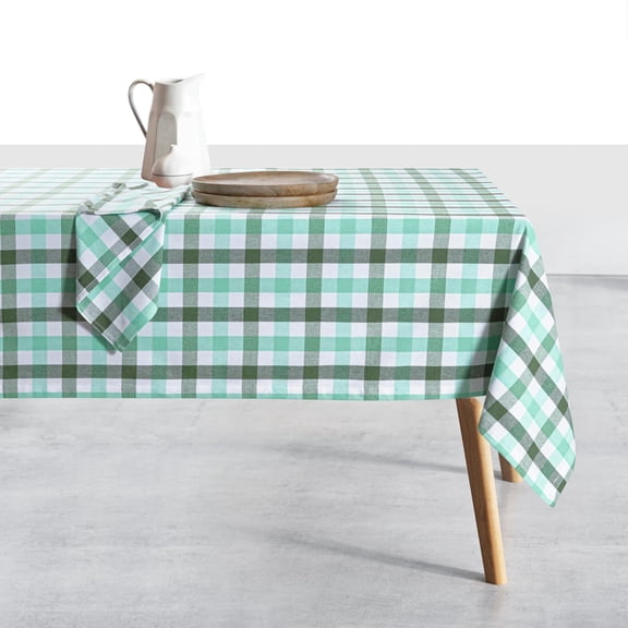 HEIRLOOM COMFORT Gingham Tablecloth, 60x84 Inch, Soft Cotton Checkered Table Cover, Reusable & Durable for Daily Use, Garden Parties, Kitchen Decor, Outdoor Dining, Mint Green, Aqua Green, White