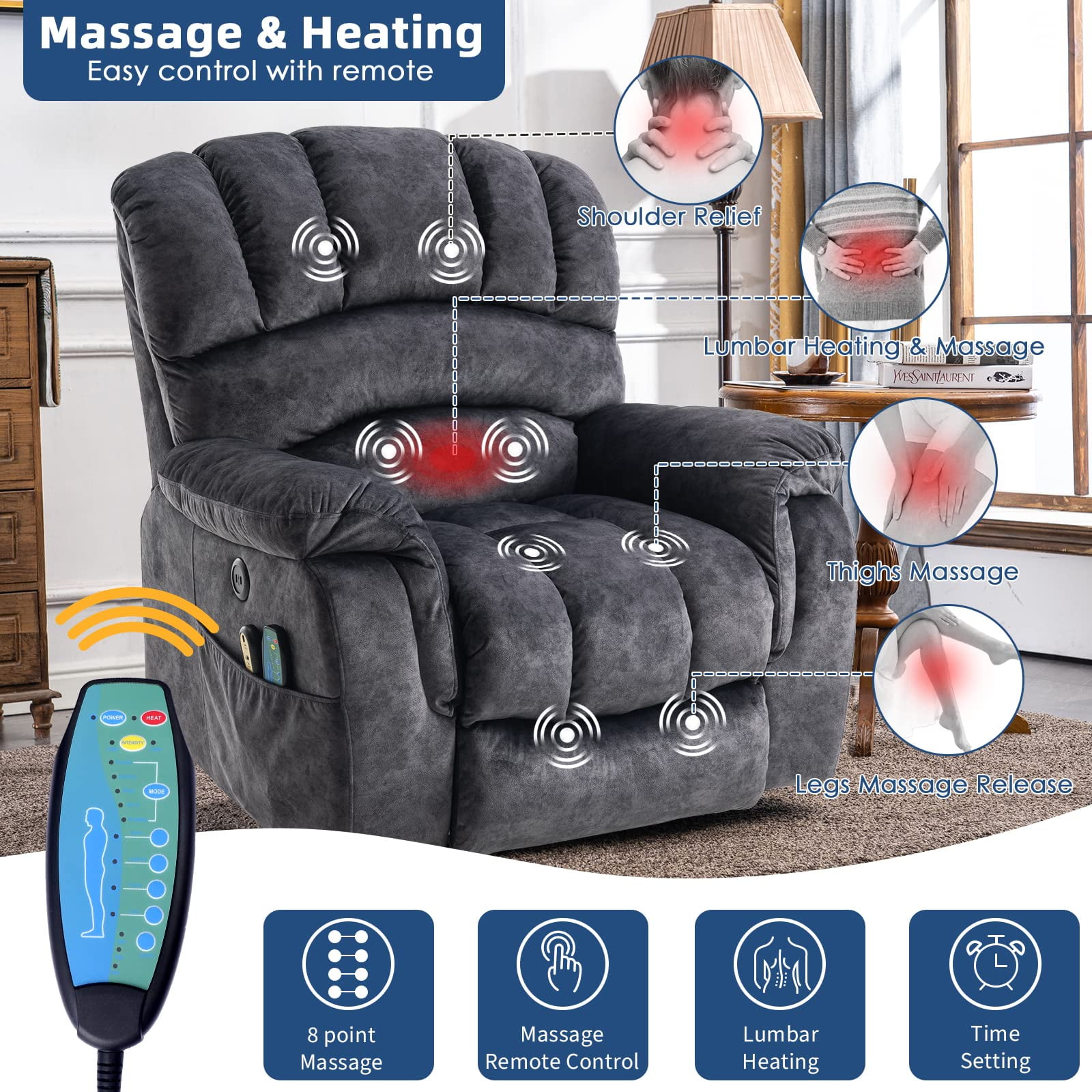 SOCIALCOMFY Large Power Electric Lift Recliner Chair for Elderly Big People, Heated Massage Motorized Reclining Sofa, Wide Fabric Recliners with 2 Remote Controls, Side Pockets & USB Ports, Dark Gray