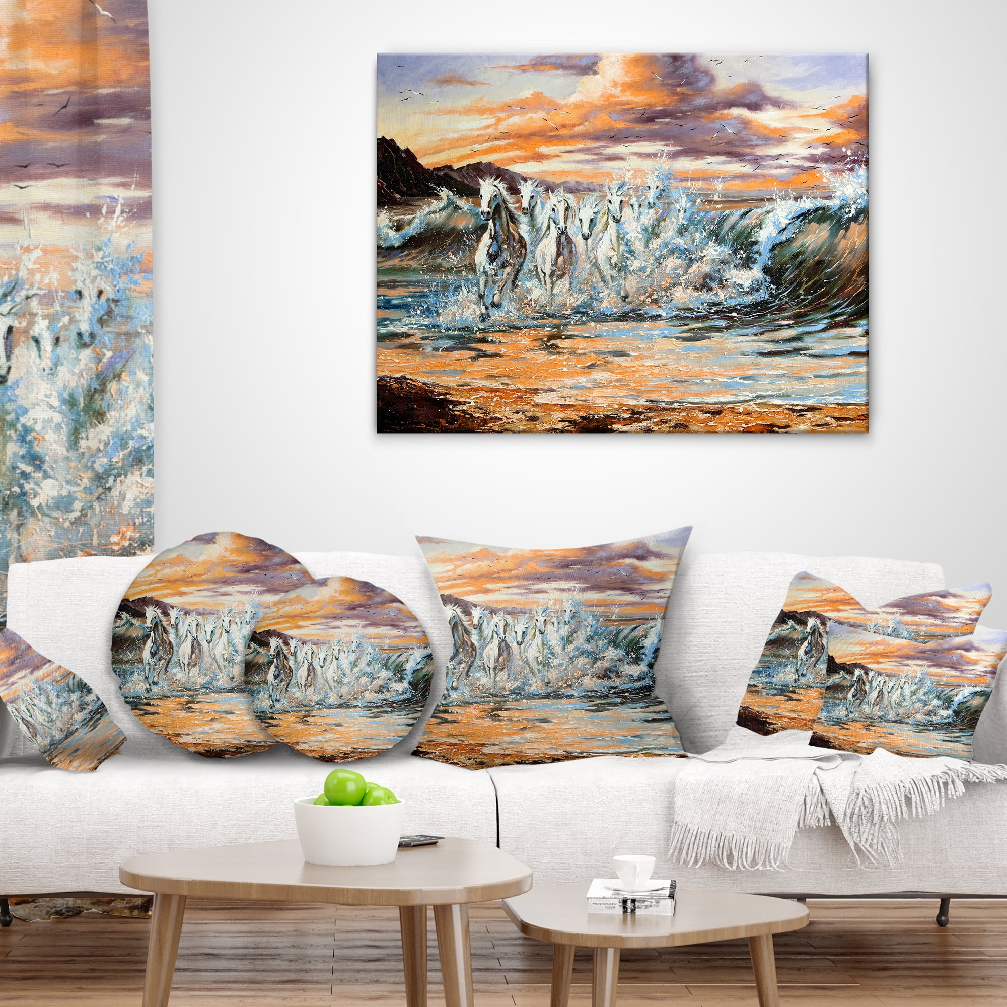 Designart Horses from Waves - Animal Throw Pillow - 12x20