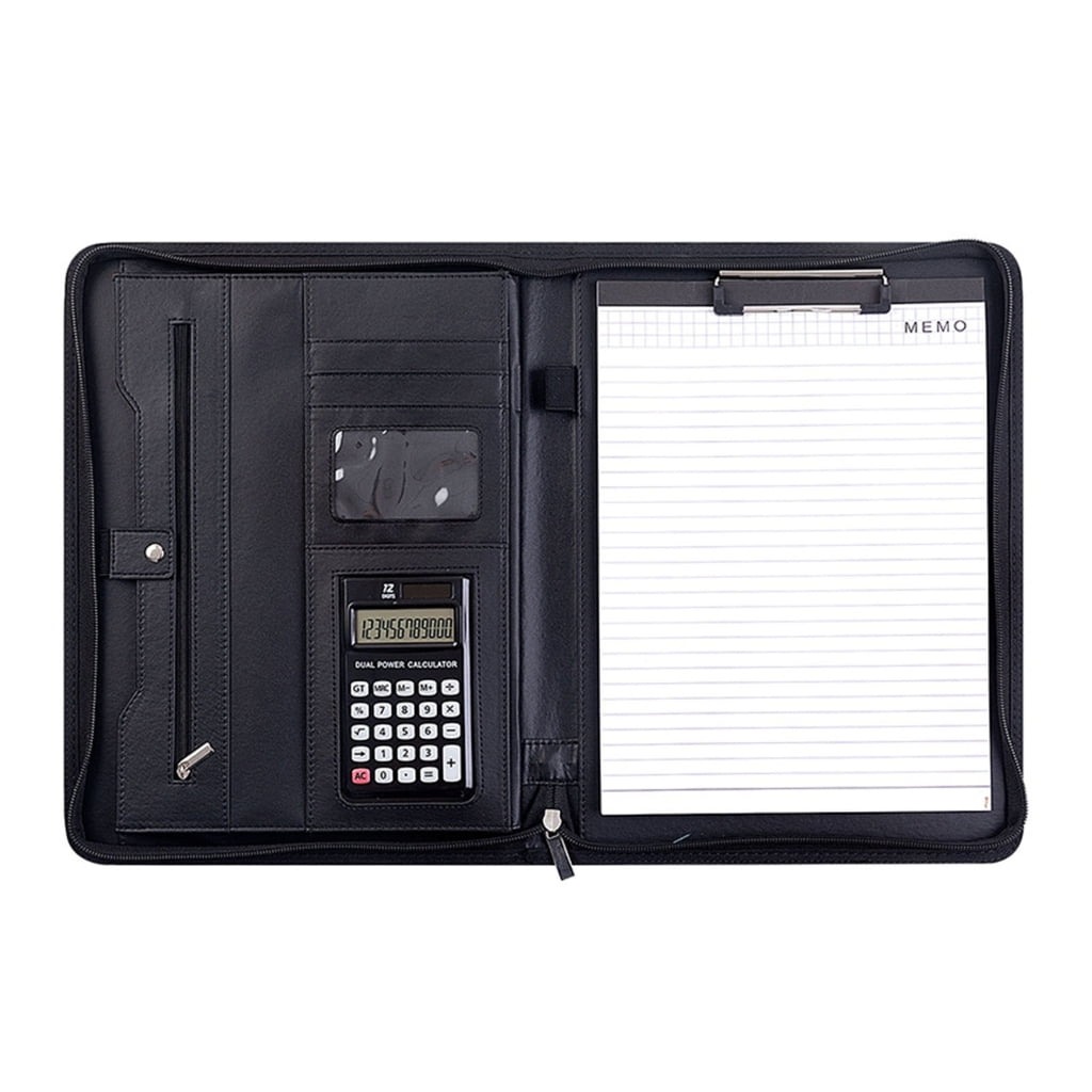 Leather Conference Folder with Clipboard Multiple Pocket Card Holder Pen Slot