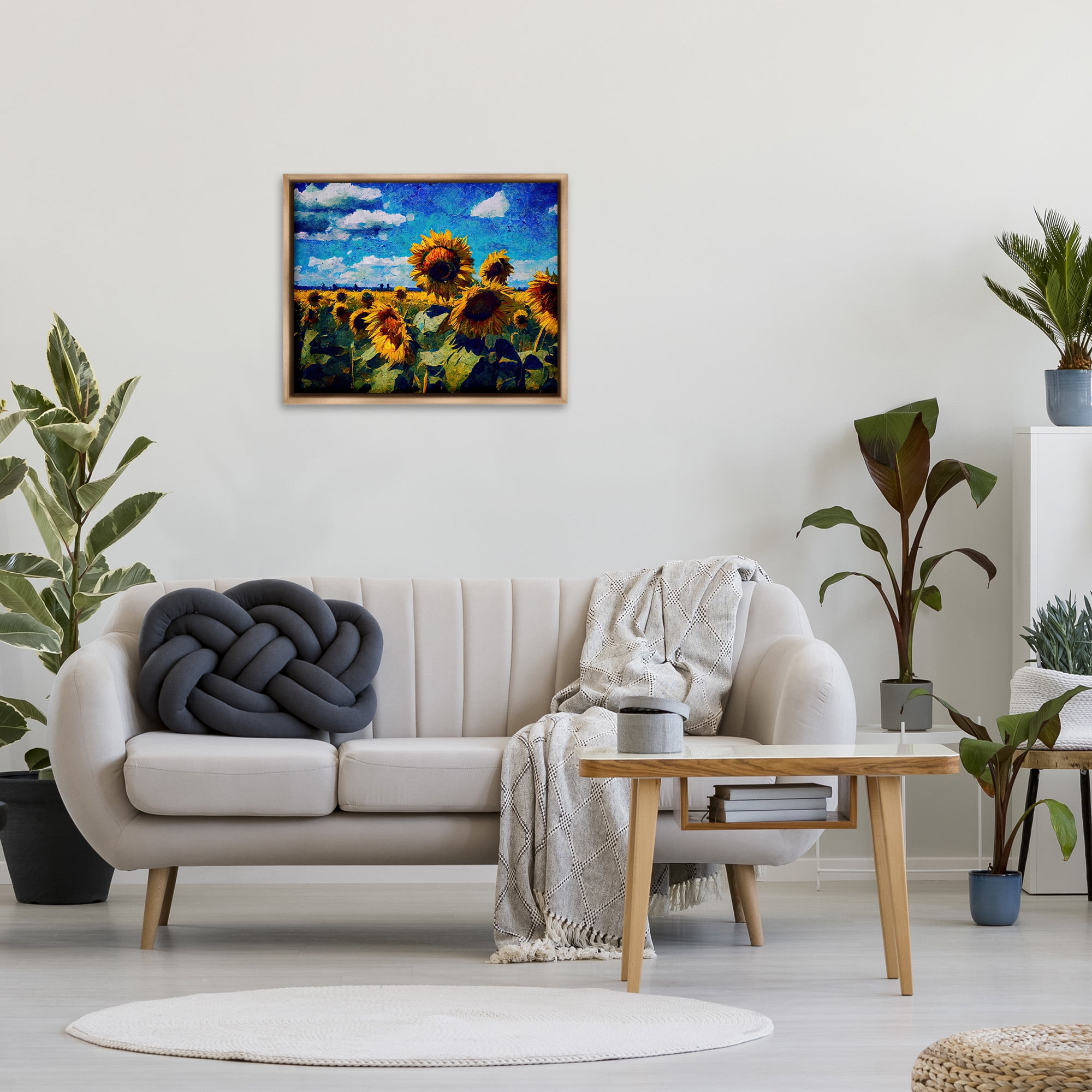 Stupell Industries Sunflower Field & Clouds Landscape Painting Brown Floater Framed Canvas Art Print Wall Art, 31 x 25