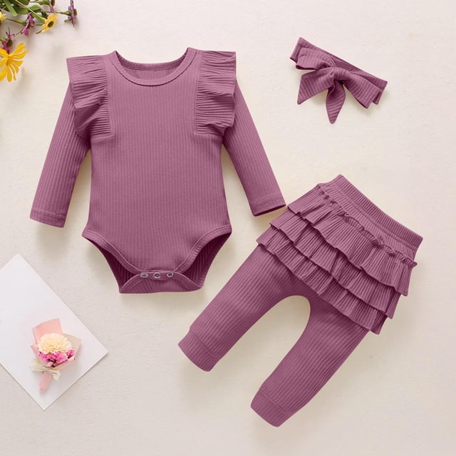 Conjuntos de blusas y camisas de cuello redondo y manga larga para niña, mono de cuello redondo y manga larga con vuelo de color liso con cintura elástica, pantalones estampados y diadema, conjunto de