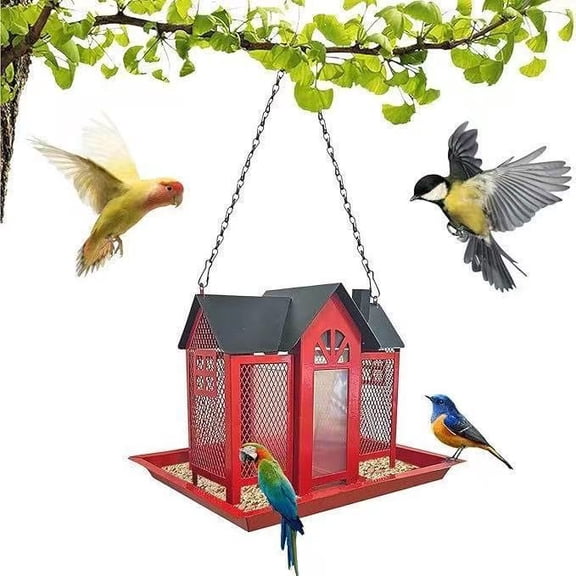 Large White Anti-Squirrel Wild Bird Feeder - Swing Design, Metal Mesh, Triple Ports for Cardinals, Durable Construction（red）