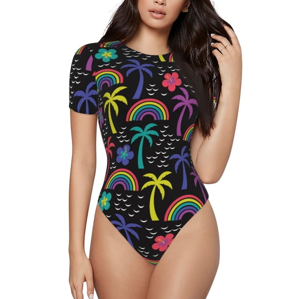 Fotbe Colorful Palms Body de Mujer con Cuello Redondo y Mangas Cortas, Sin Mangas Ajustado, Suave, Cómodo y Básico-Medium