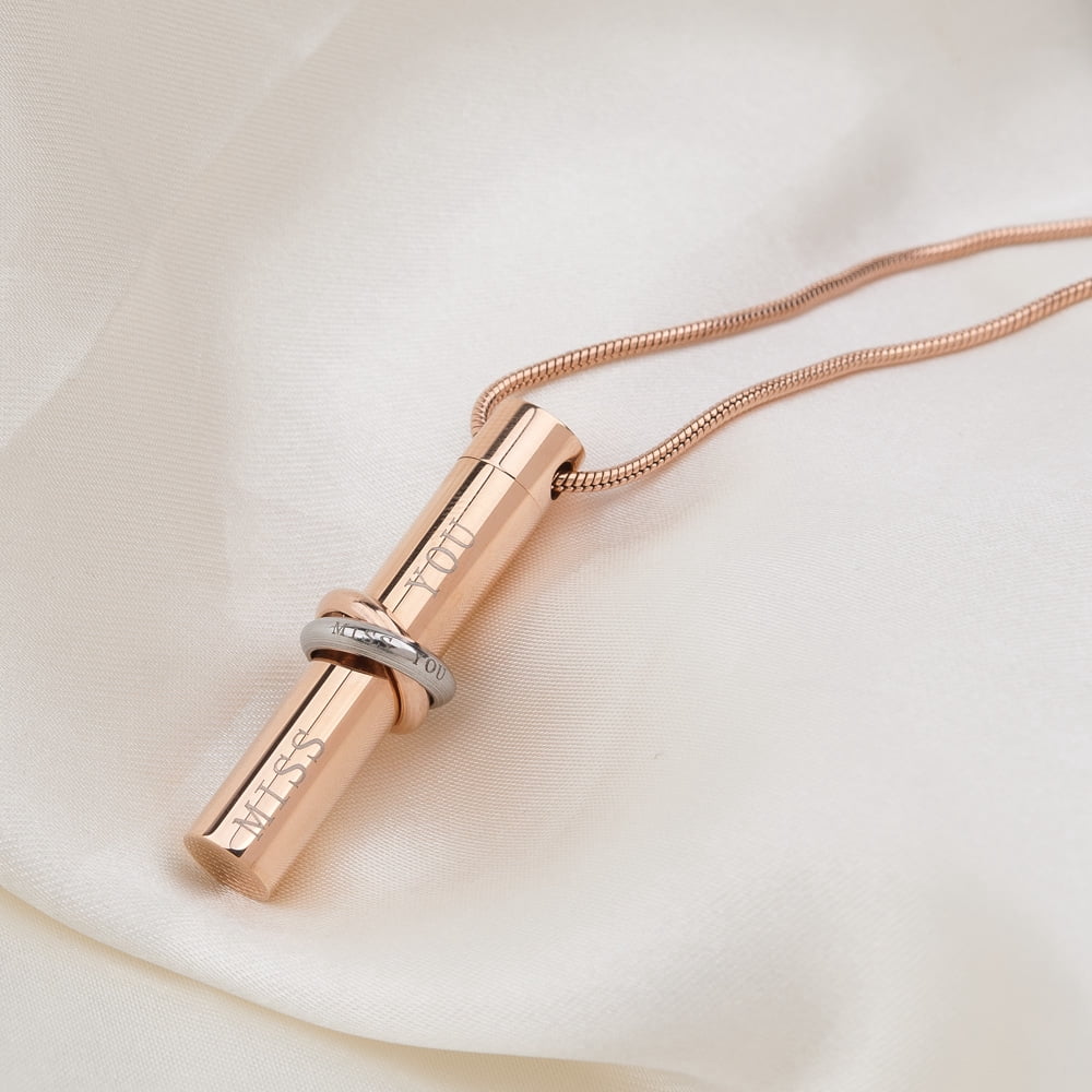Cylinder Style Memorial Cremation Jewelry Urn Ashes Holder Necklace (Miss You Ring)