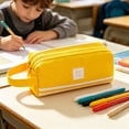 thumbnail image 2 of Double Layer Large Capacity Pencil Case Portable Cloth Organizer with Handle & Double Zipper, Ideal for Stationery Storage, Versatile Makeup Pouch, Gift for & Adults Yellow, 2 of 8