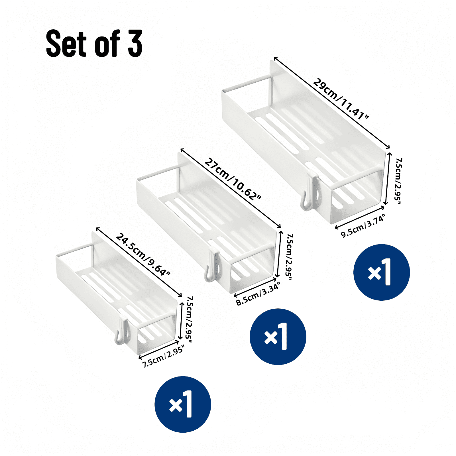 Set of 3 Magnetic Metal Rack for Refrigerator Side White, Kitchen Storage Shelf with Hooks – Holds Jars, Bottles, Cans – Space-Saving Fridge Organizer