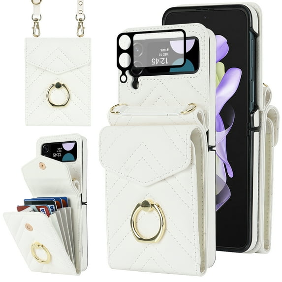Allytech Galaxy Z Flip 3 Wallet Case + 1Pcs Camera Lens Protector, PU Leather Cards Holders Ring Stand Shoulder Strap Shockproof Mangetic Closure Wallet Case Cover for Samsung Galaxy Z Flip 3 - White