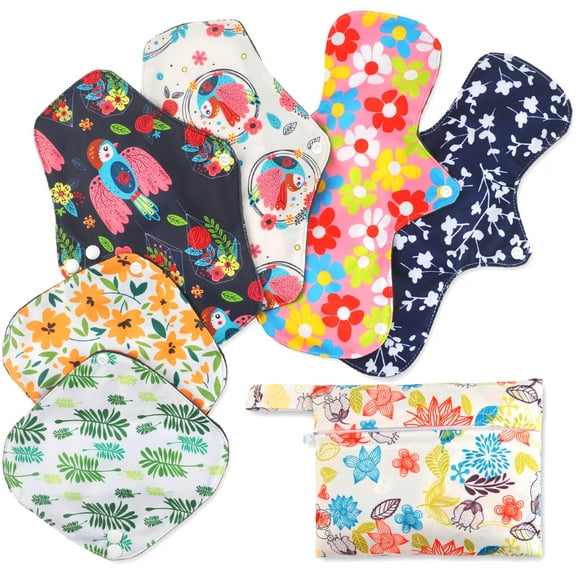 6 PCs Reusable Menstrual Pads Sanitary Pads Set with Wings, Waterproof Washable Reusable Cloth Pads Panty Liners Period Pads for Women