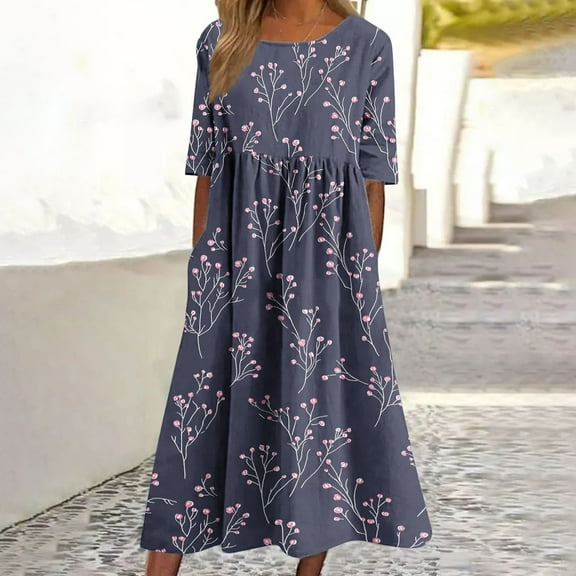 Mingw Beach Vacation Clothes for Women Womens Long Maxi Summer Floral Print Short Sleeve Flowy Modest Maxi Dress Gown