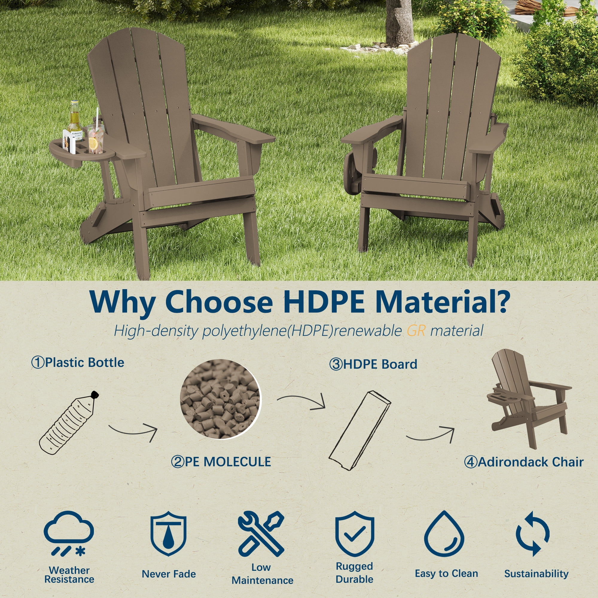 FOOWIN Folding HDPE Adirondack Chairs Set of 4, Brown