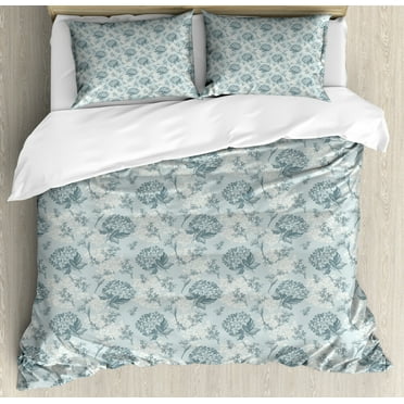 Floral Queen Size Duvet Cover Set, Shabby Chic Vintage Style Flowers Feminine Romantic Pastel Toned Artsy Pattern, Decorative 3 Piece Bedding Set with 2 Pillow Shams, Baby Blue Grey, by Ambesonne