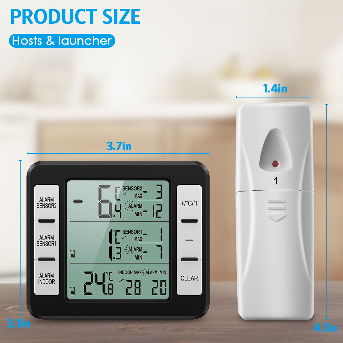 ORIA Refrigerator Thermometer, Wireless Digital Freezer Thermometer with 2  Wireless Sensors, Wireless Indoor Outdoor Thermometer, Audible Alarm, Min
