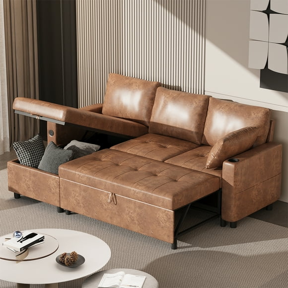YODOLLA Sofa Bed, 3 in 1 Sleeper Sofa with Storage Chair, Faux Leather L Shape Couch, Sectional Pull Out Sofa Bed Mid Century Modern Couch for Living Room Clearance, Comfy Sleeper Couch in Brown
