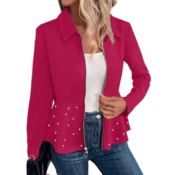 Women'S Pearl Trim Blazer Open Front Long Sleeve Shawl Collar Elegant Suits Jackets Rose Red XL