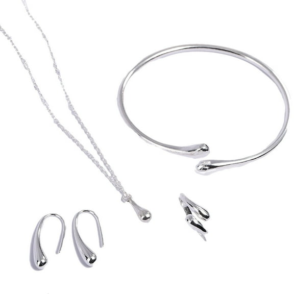 Zonh 4pcs 925 Sterling Silver Jewelry Set - Earrings, Bangle, Ring, Necklace